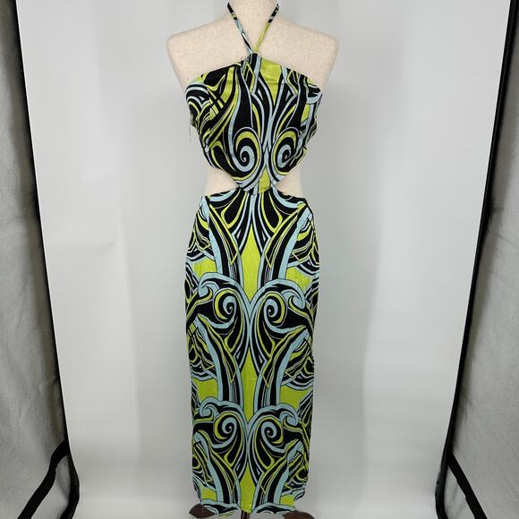 Topshop Abstract Green Blue Swirl Halter Side Cutout Dress Womens US Size 4 - Picture 8 of 12